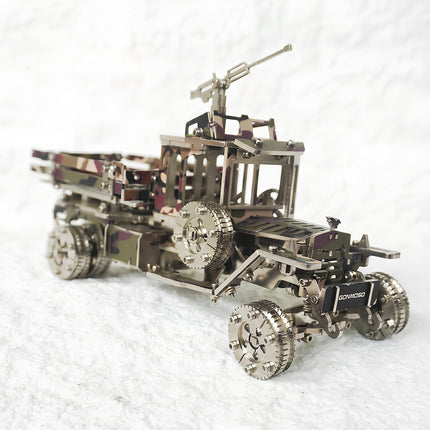 DIY steampunk puzzle of a camouflage military pickup truck, a unique metal model kit for hobbyists.