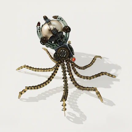 A high-angle product photograph of a steampunk puzzle octopus model featuring a solid golden-finish spherical head with intricate gear frames and spreading mechanical chain tentacles. Crafted from 3D puzzle Metal Kits, this metal model delivers a remarkable mechanical steampunk and steam punk mech design.