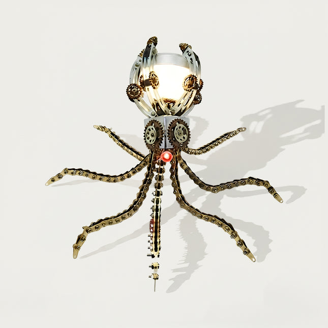 A top-view product shot of a steampunk puzzle octopus model featuring a brightly illuminated spherical head framed by mechanical arches, gears, and spreading chain-link tentacles. Built from 3D puzzle Metal Kits, this metal model showcases an exceptional mechanical steampunk and steam punk mech design.