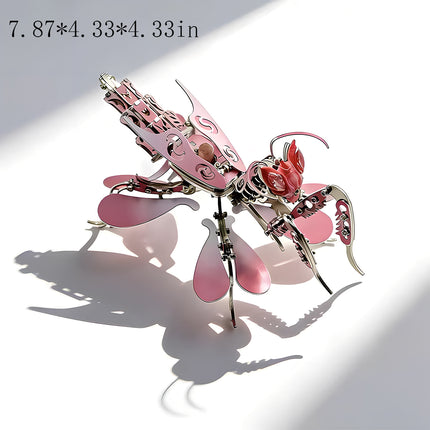 DIY steampunk puzzle 3D metal kit of a pink praying mantis insect model for adults and hobbyists.