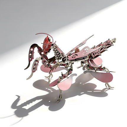 Elegant pink insect steam punk mech resembling a orchid mantis, featuring a sophisticated mechanical steampunk structure in a completed steampunk puzzle design.