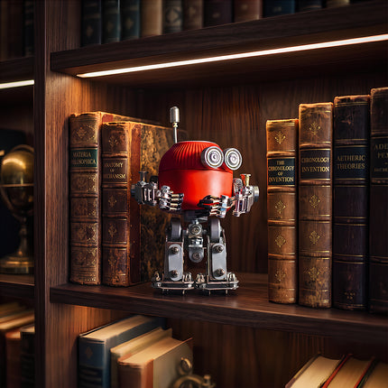 A charming red and silver steampunk puzzle robot model displayed on a vintage wooden bookshelf filled with antique books.