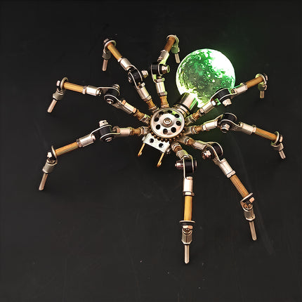 A dramatic night shot of the steampunk puzzle spider model against a dark background, featuring a bright green glowing spherical abdomen that resembles a lunar globe. This stunning metal model built from 3D puzzle Metal Kits showcases intricate mechanical legs and superior mechanical steampunk / steam punk mech design.