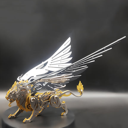 A mechanical steampunk white tiger metal model with large silver wings, crafted from a premium 3D puzzle metal kit featuring glowing blue eyes, available on tablefunny.com.