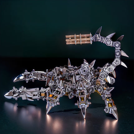 ear-left view of mechanical steampunk scorpion model with brass gatling gun tail on dark background, 3D puzzle metal kits by TableFunny.