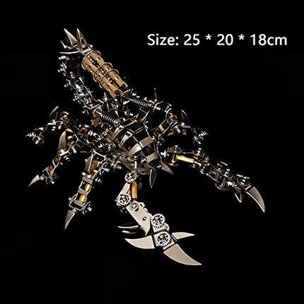 Product dimensions chart of the mechanical steampunk scorpion model, 3D puzzle metal kits by TableFunny.
