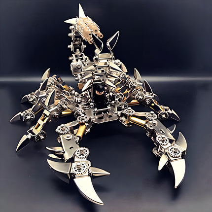 Front perspective of an assembled steampunk puzzle metal model of a mechanical insect scorpion on a dark background.