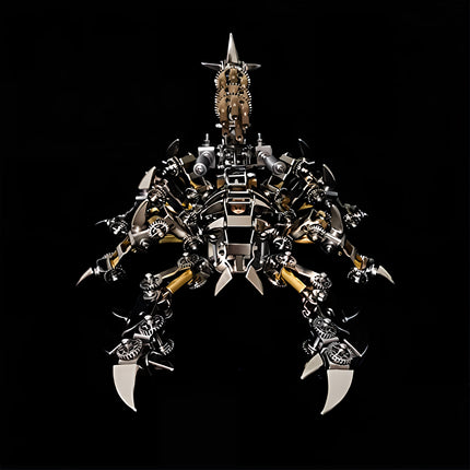 Front view of mechanical steampunk scorpion model with large pincers and gears, 3D puzzle metal kits by TableFunny.