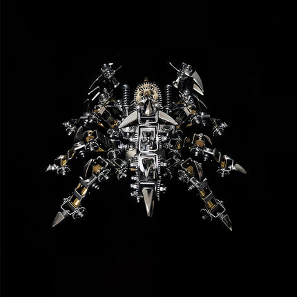 Rear overhead view of mechanical steampunk scorpion model with symmetric gears and leg joints, 3D puzzle metal kits by TableFunny.