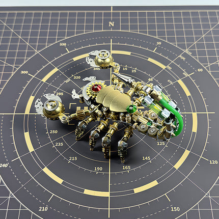High-angle shot of a steampunk puzzle scorpion warrior, a unique metal model art piece from tablefunny for office decor.