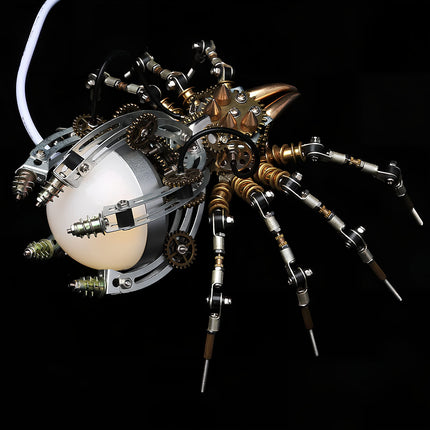  Rear-diagonal view of a steampunk spider lamp metal model, an intricate DIY 3D puzzle sphere from Tablefunny metal kits for atmospheric funny table decor.