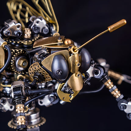 Macro close-up of mechanical steampunk hornet head, premium 3D puzzle metal kits by TableFunny.
