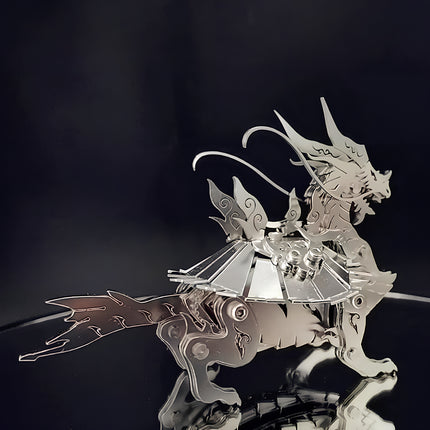 Side view of the steampunk Xuanwu mechanical metal model kit, a detailed 3D puzzle featuring a mythological creature with intricate steampunk design.