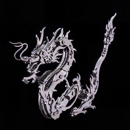 Side view of a mechanical steampunk dragon showing layered steel plates, a complex 3D puzzle Metal Kits project.