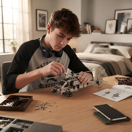 Young boy intently building a complex 3D metallic aircraft mechanical puzzle with tools and instruction manual.