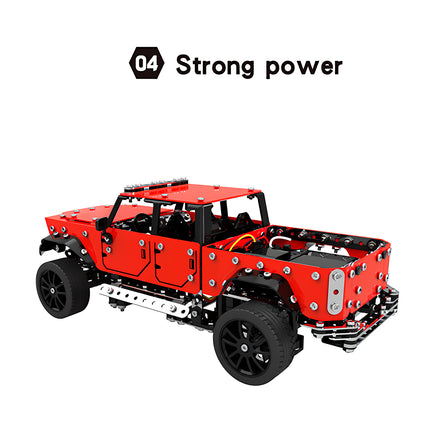Strong power rear perspective view of a red pickup truck metal model highlighting its robust performance design, built from 3D puzzle Metal Kits as an awesome steampunk puzzle steam punk mech.