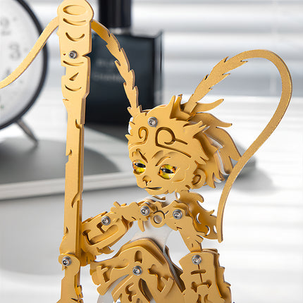 Close-up details of Sun Wukong steampunk puzzle metal model craft.