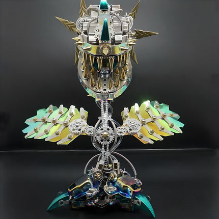 Completed 3D puzzle Metal Kits project featuring a giant chameleon-colored plant, an exquisite metal model with complex mechanical details.