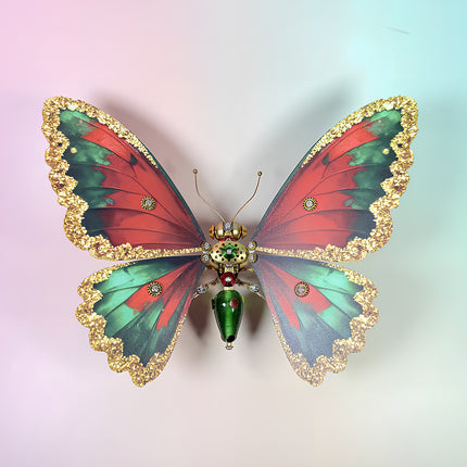 Symmetrical top-down view of a mechanical steampunk butterfly with ornate gold-ruffled edges, a high-quality metal model for festive desktop decoration.