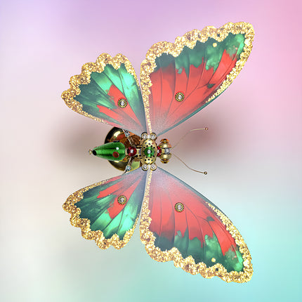 Overhead view of a completed steampunk puzzle butterfly with Christmas patterns, an intricate 3D puzzle Metal Kit from tablefunny.