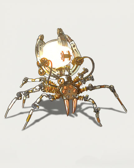 Table Funny DIY 3D puzzle Metal Kits: Steampunk spider metal model serving as a desk lamp, featuring a bright glowing bulb encased in gears and sharp fangs, unique mechanical DIY art 