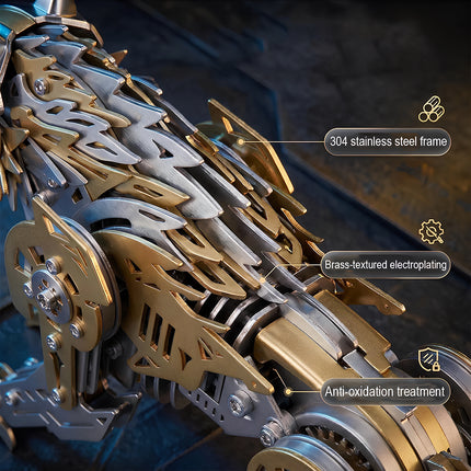 Tablefunny mechanical steampunk wolf metal model details, showcasing the 304 stainless steel frame and anti-oxidation brass electroplating.