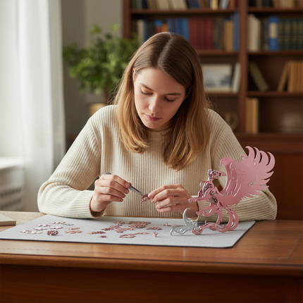 A woman using tweezers to assemble a pink mythical creature metal model from TableFunny, highlighting the detailed DIY crafting process of our premium 3D puzzle Metal Kits.