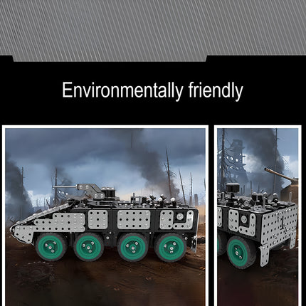 An eco-friendly 8-wheel military armored truck metal model by TableFunny. This mechanical steampunk vehicle showcase text reading "Environmentally friendly" against a battlefield background, from our premium 3D puzzle Metal Kits.