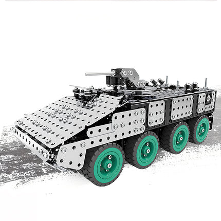 An 8-wheel military armored truck metal model by TableFunny, featuring distinct green rubber tires and a mini top turret. This intricate vehicle showcase the premium craftsmanship of our mechanical steampunk and 3D puzzle Metal Kits.