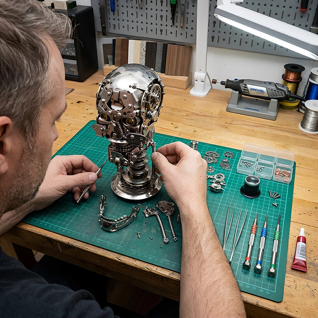 Tablefunny mechanical steampunk skull metal model being meticulously assembled on a professional workbench with precision tools.