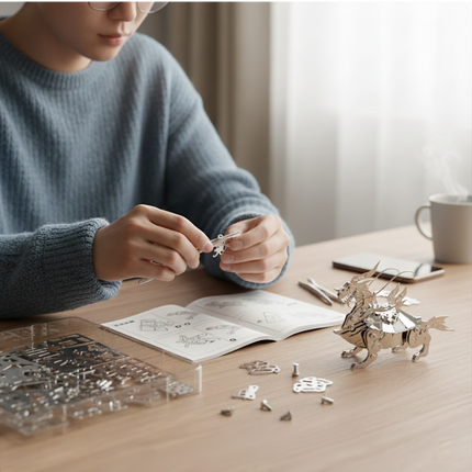 A person assembling Tablefunny's Xuanwu-inspired mechanical steampunk metal model, showcasing the engaging process of building a 3D puzzle metal kit, complete with small parts and an instruction manual, perfect for enthusiasts of steampunk puzzle and metal kits.