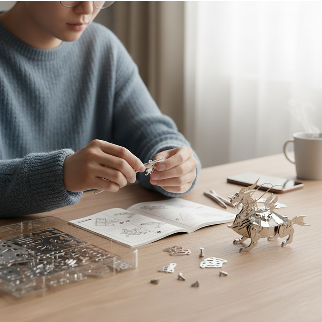 A person assembling Tablefunny's Xuanwu-inspired mechanical steampunk metal model, showcasing the engaging process of building a 3D puzzle metal kit, complete with small parts and an instruction manual, perfect for enthusiasts of steampunk puzzle and metal kits.
