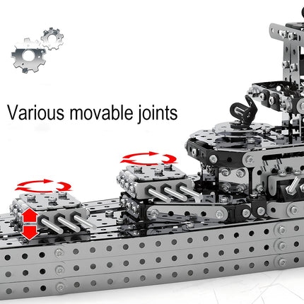 A close-up detail of the battleship metal model by TableFunny, highlighting its various movable joints. This steam punk mech warship features rotatable turrets and adjustable gun barrels, making it an interactive steampunk puzzle.