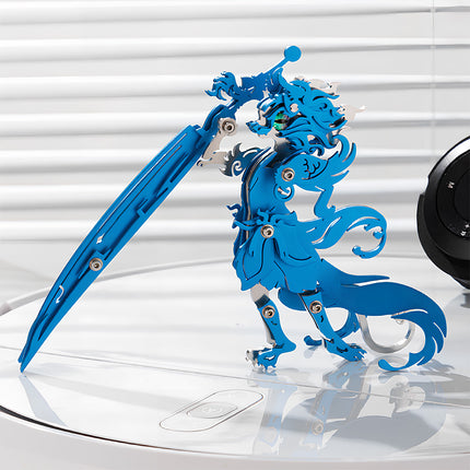 A vibrant blue and silver mythical cat general metal model wielding a massive sword from TableFunny. This desktop steampunk puzzle displays premium laser-cut engineering, making it a perfect gift for cat lovers and steam punk mech enthusiasts.