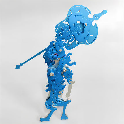 Blue knight steam punk mech metal model holding giant mechanical weapon.