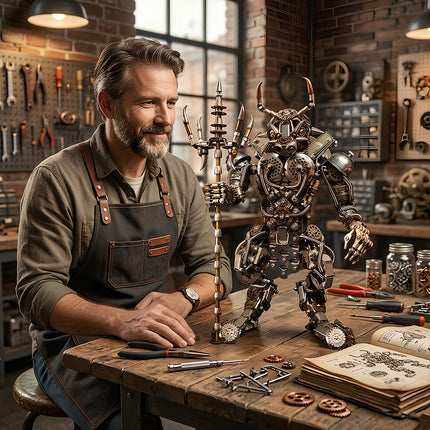 A proud maker admiring the finished Tablefunny mechanical steampunk bull warrior metal model on a rustic wooden workbench.