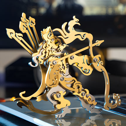 A full side view of the gold and silver mythical cat archer metal model by TableFunny. Standing on a laptop, this mechanical steampunk figurine showcases the premium interlocking pieces of our 3D puzzle Metal Kits.
