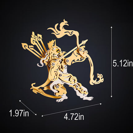A gold mythical cat archer metal model by TableFunny, displaying its detailed product dimensions of 5.12" height, 4.72" length, and 1.97" width. This creative steampunk puzzle is an interlocking collectible from our 3D puzzle Metal Kits.