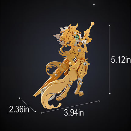 A gold mythical cat general metal model by TableFunny, displaying its precise product dimensions of 5.12" height, 3.94" length, and 2.36" width. This unique mechanical steampunk fantasy figure belongs to our premium 3D puzzle Metal Kits.