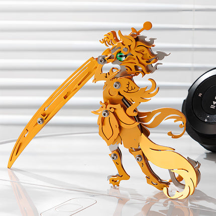 A completed gold and silver mythical fox warrior metal model holding a giant blade by TableFunny. This mechanical steampunk figure highlights the premium interlocking pieces of our 3D puzzle Metal Kits.
