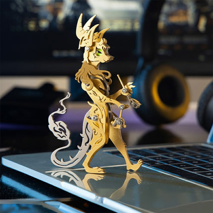 Golden wolf creature steam punk mech metal model for tech desk styling.