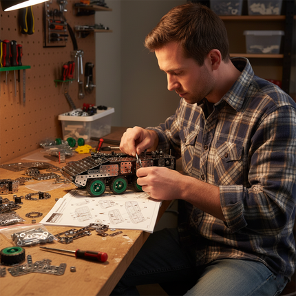 A man wearing a plaid shirt carefully building a military armored truck metal model by TableFunny at a workshop bench. This hands-on project highlights the rewarding crafting process of our mechanical steampunk vehicles and 3D puzzle Metal Kits
