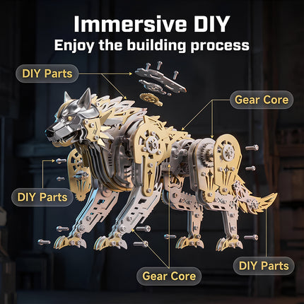 Tablefunny immersive DIY mechanical steampunk wolf metal model showing an exploded view of DIY parts and the intricate gear core.