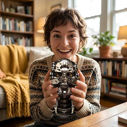 A happy customer holding the finished Tablefunny mechanical steampunk skull metal model, showcasing the satisfaction of completing a complex DIY project.