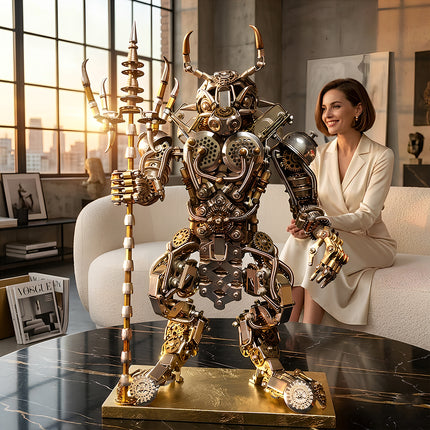 Tablefunny large-scale mechanical steampunk bull warrior metal model displayed as a luxury home decor centerpiece on a marble table.