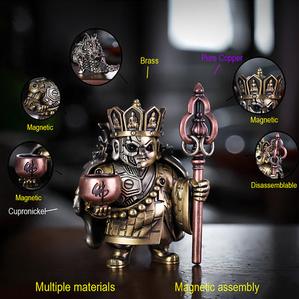 Tablefunny mechanical steampunk monk metal model showing magnetic assembly and premium materials like brass, pure copper, and cupronickel.