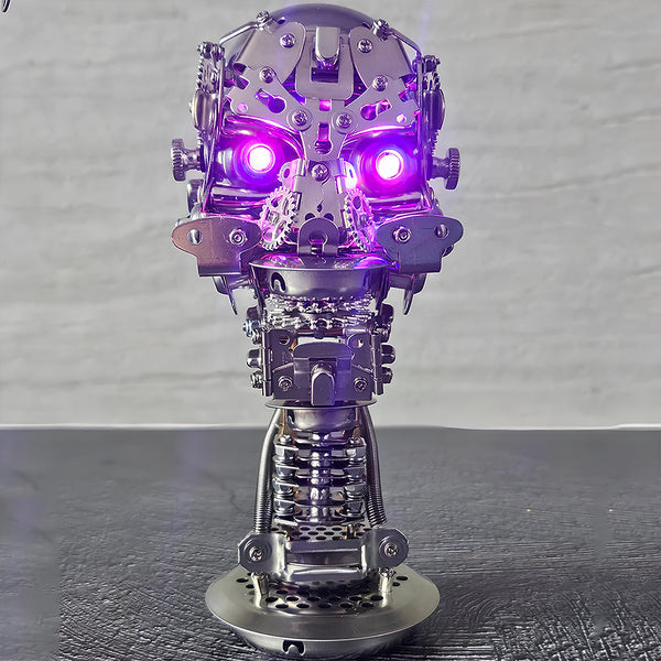 Magnetic Hunter Steampunk metal assembly bust model front shot, LED glowing purple eyes, steampunk mechanical robot bust, all-metal mechanical structure, glowing LED eyes, metal gears and screw assembly, DIY metal puzzle collectible model kit