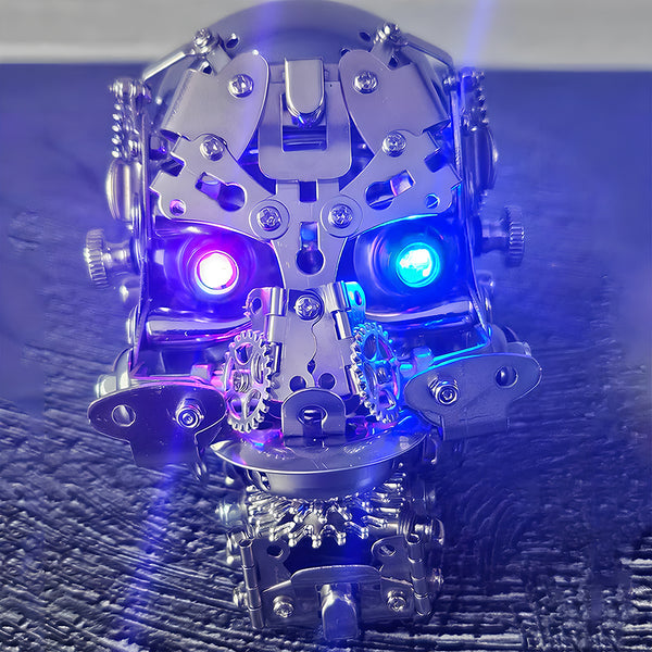 Magnetic Hunter Steampunk 3D Metal Assembly Model, robot head closeup shot, glowing LED eyes lighting effect, steampunk all-metal mechanical model, glowing LED eyes feature, intricate metal gear and screw structure, DIY metal puzzle collectible kit