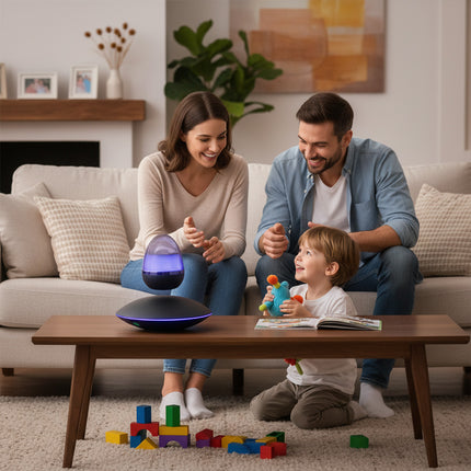 Family of three enjoying a magnetic levitation lamp in a modern living room, child playing with toys. Floating speaker/light decor enhancing home ambiance.