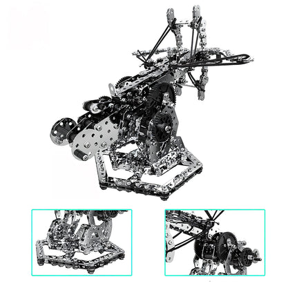 A white background breakdown view of the mechanical ballista metal model by TableFunny. Two zoomed-in boxes highlight the detailed hexagonal base and the intricate gear drive system of this mechanical steampunk project from our 3D puzzle Metal Kits.